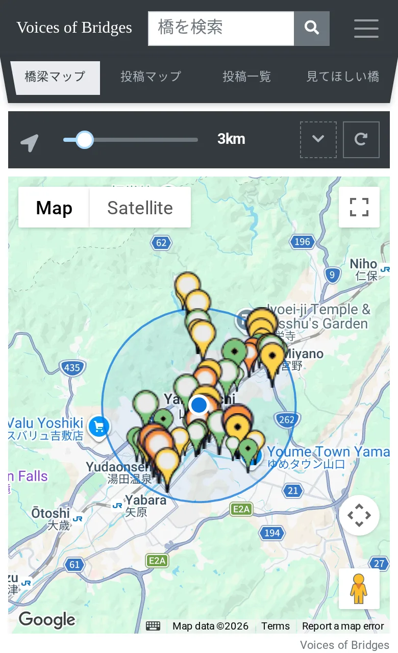 現在地のまわりの橋を地図に表示した画面（橋梁マップ）